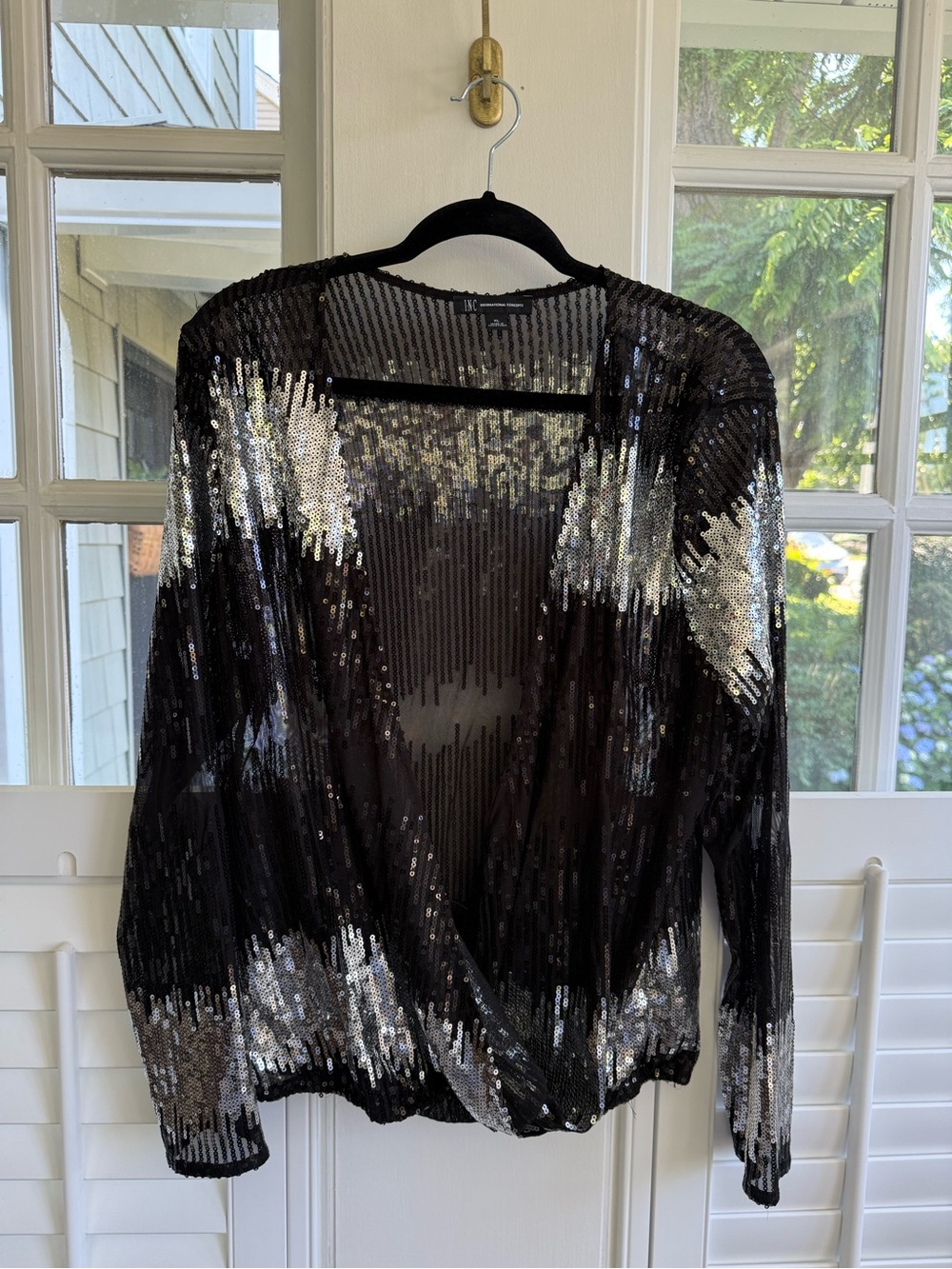 INC International Concepts Black & Silver Sequin Ombre V-Neck Top